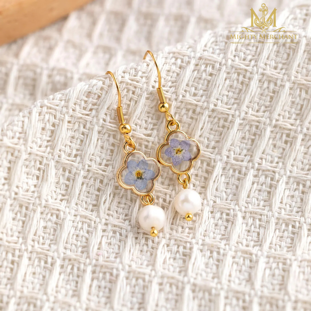 Pressed Flower Pearl Drop Earrings | Handmade Floral Jewelry