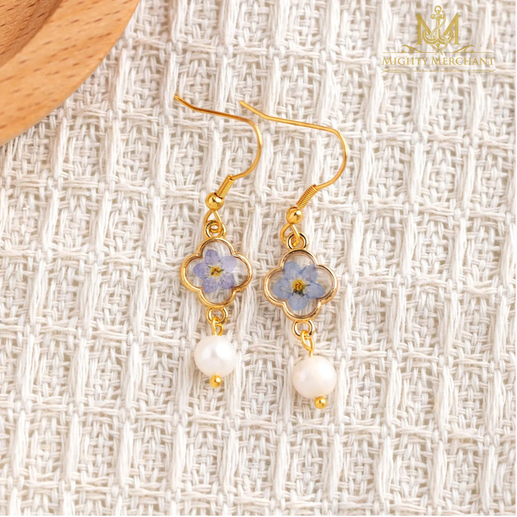 Pressed Flower Pearl Drop Earrings | Handmade Floral Jewelry