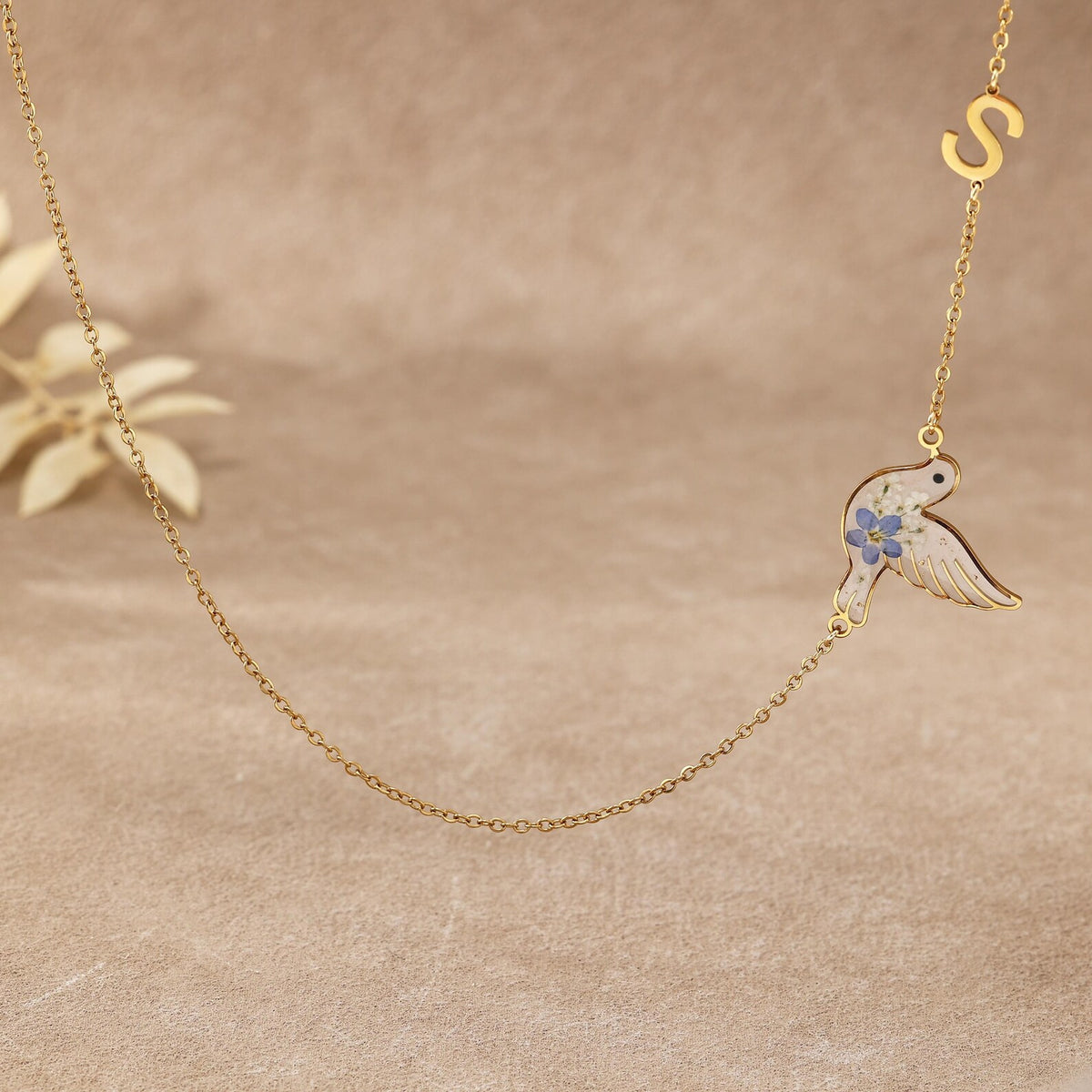 Personalized Initial Hummingbird Necklace with Blue Dried Flowers