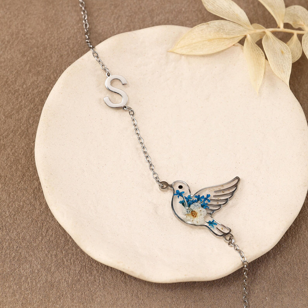 Personalized Initial Hummingbird Necklace with Blue Dried Flowers
