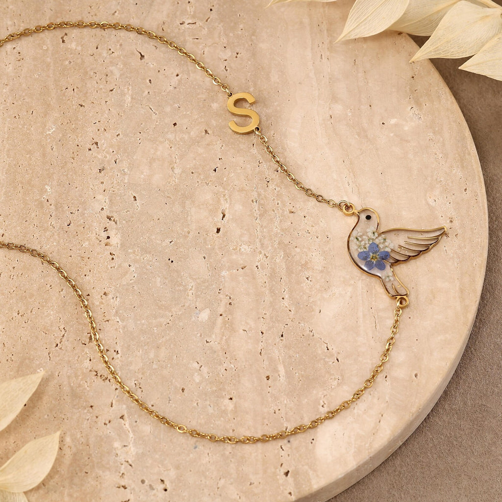 Personalized Initial Hummingbird Necklace with Blue Dried Flowers