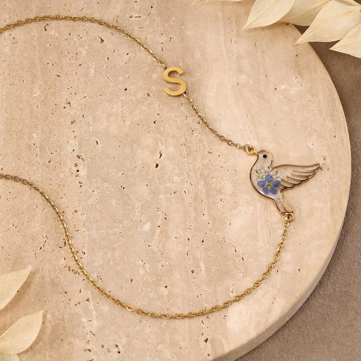 Personalized Initial Hummingbird Necklace with Blue Dried Flowers