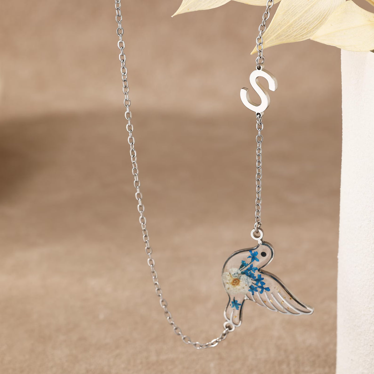 Personalized Initial Hummingbird Necklace with Blue Dried Flowers