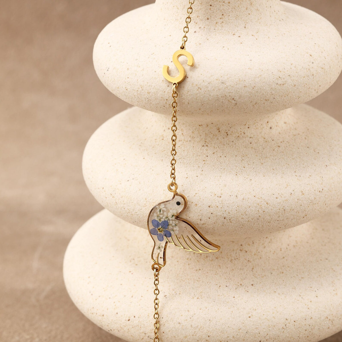 Personalized Initial Hummingbird Necklace with Blue Dried Flowers