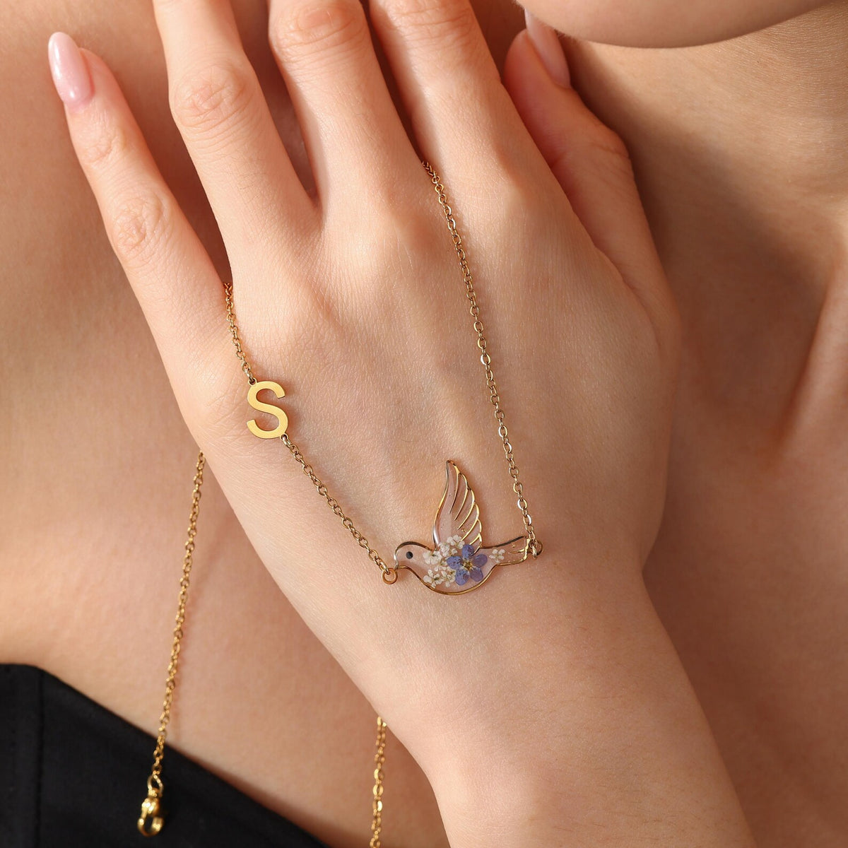 Personalized Initial Hummingbird Necklace with Blue Dried Flowers
