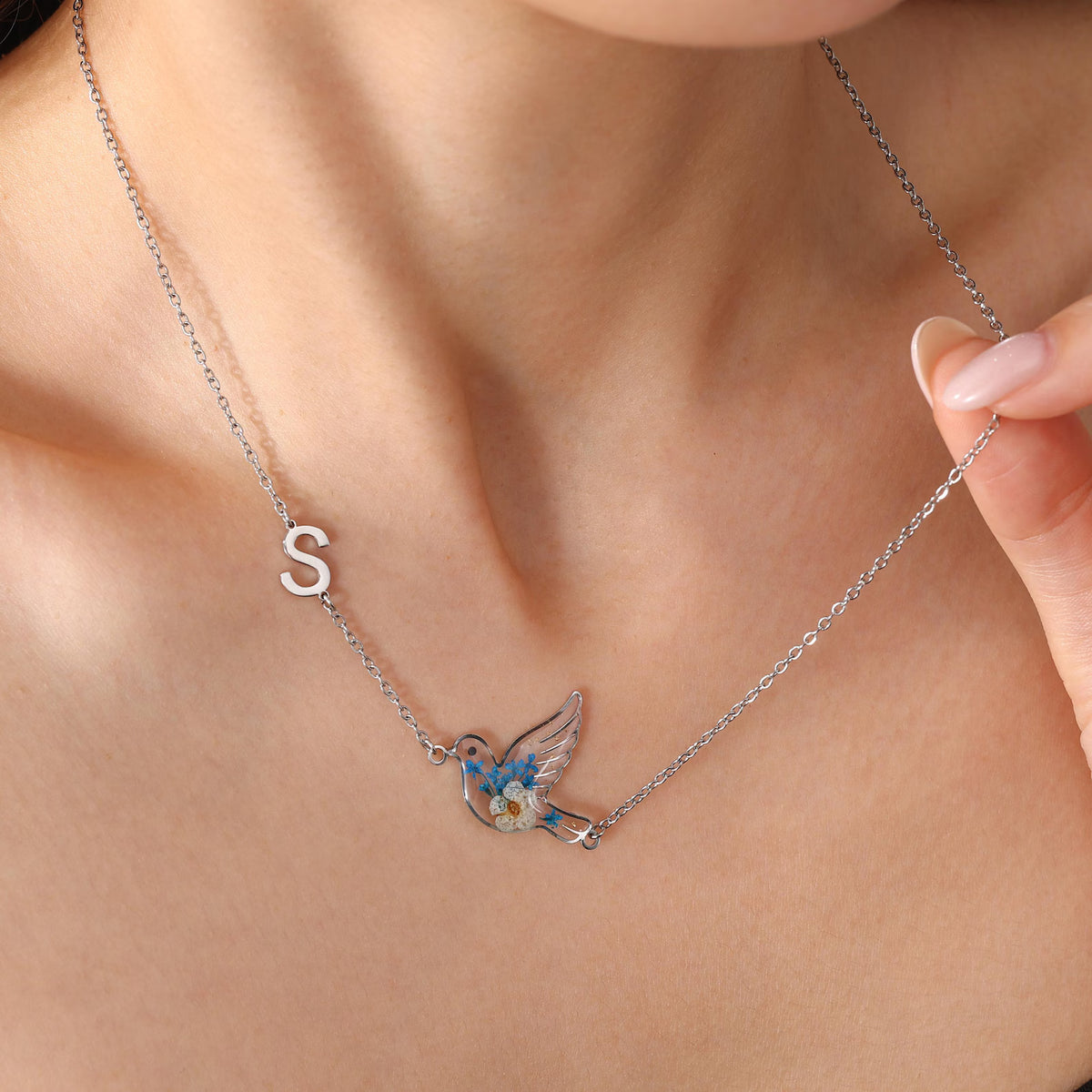 Personalized Initial Hummingbird Necklace with Blue Dried Flowers