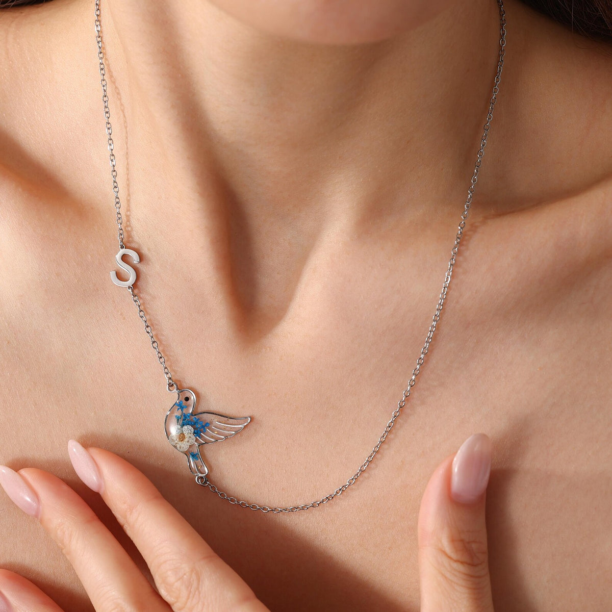 Personalized Initial Hummingbird Necklace with Blue Dried Flowers