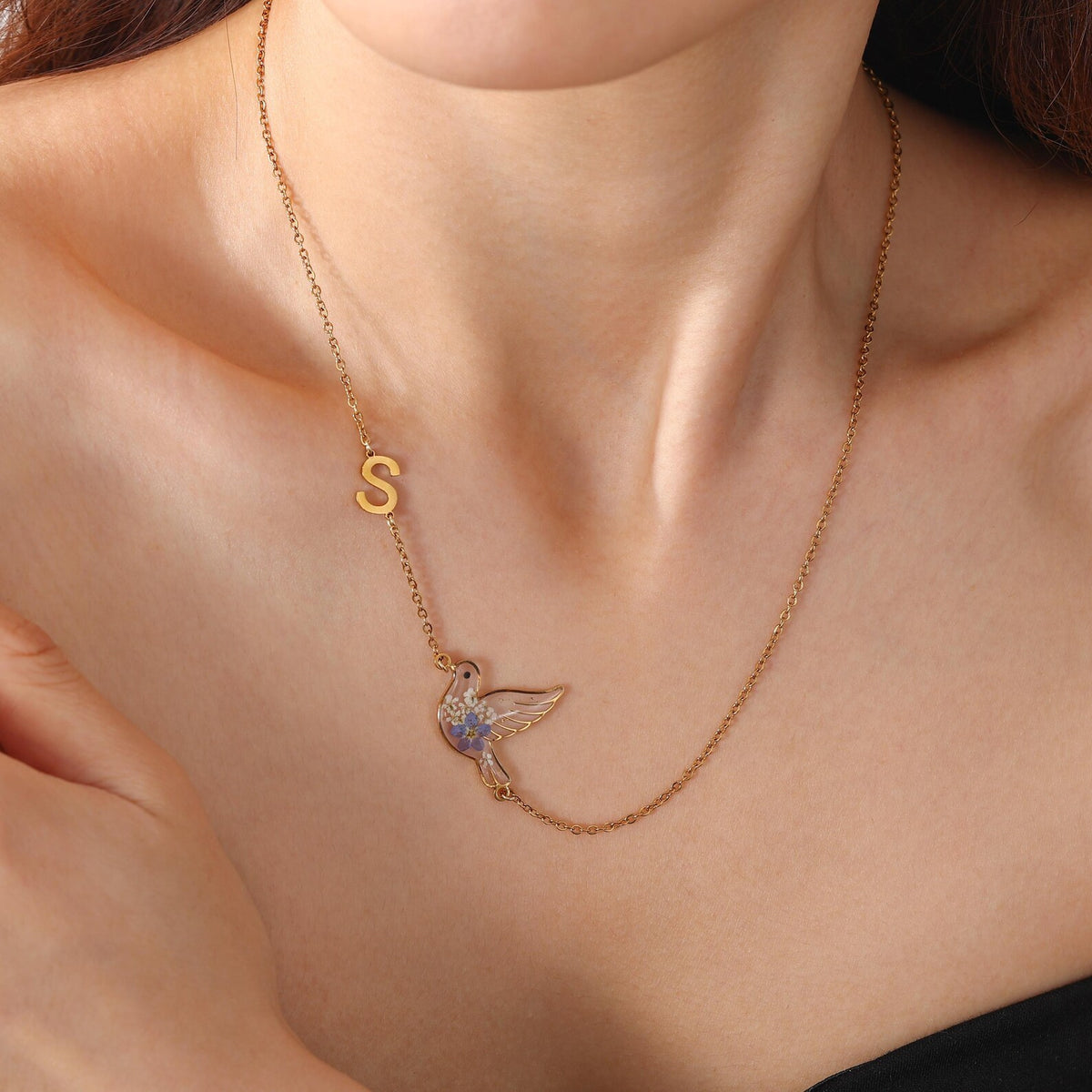 Personalized Initial Hummingbird Necklace with Blue Dried Flowers